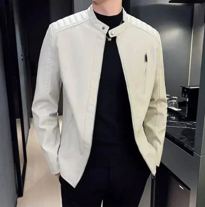 Men's slim fit black PU leather jacket with zippered pockets and urban street style
