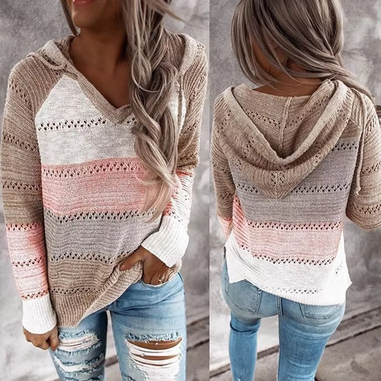 Women's cozy patchwork hooded sweater long sleeve striped knit pullover casual warm fit