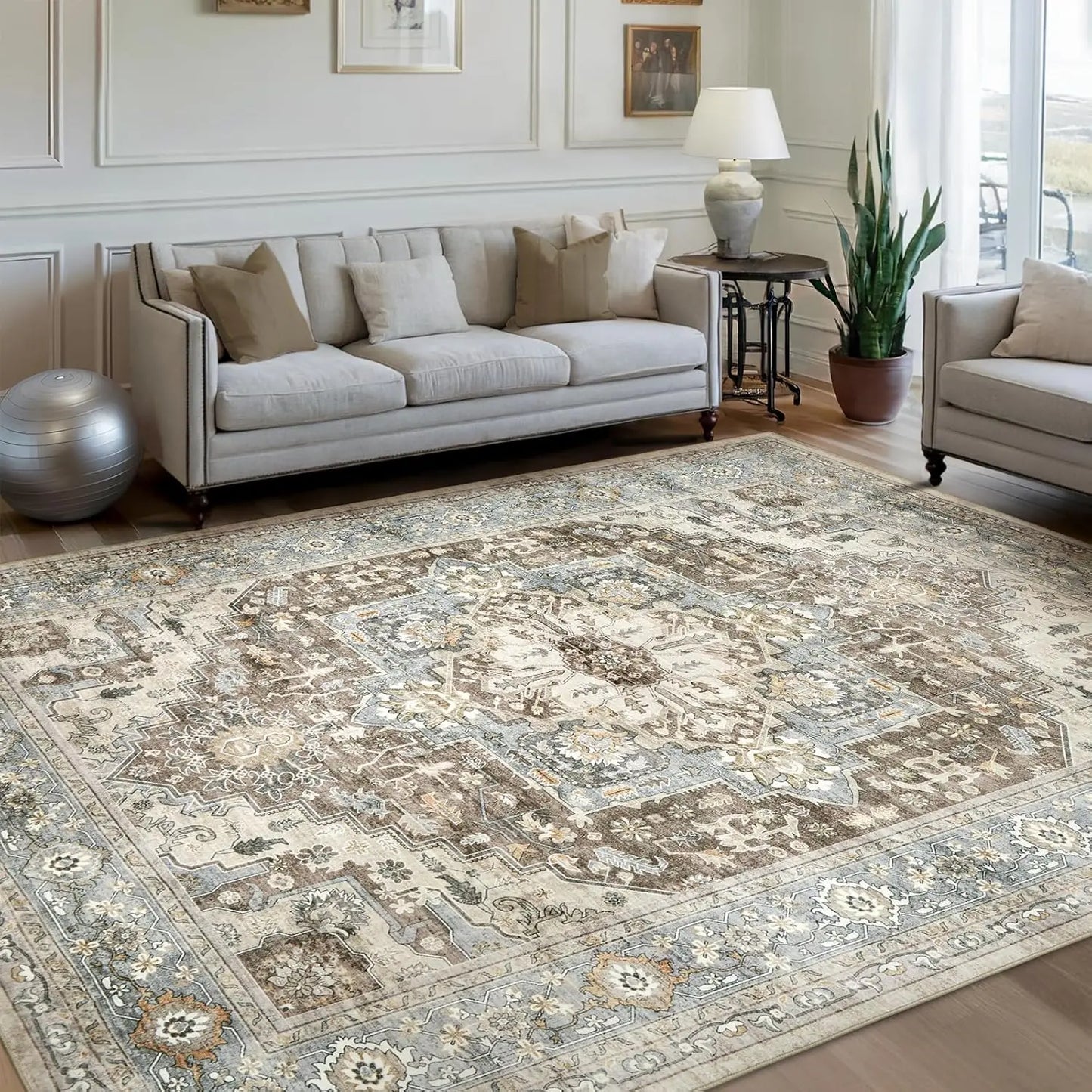 Blue white Persian geometric floral non-slip area rug with elegant traditional pattern for living room