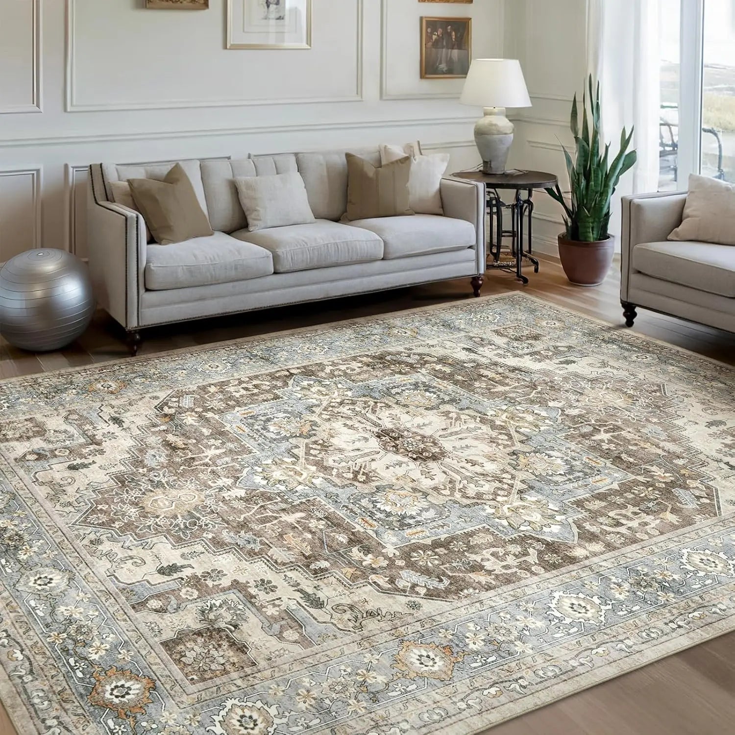 Blue white Persian geometric floral non-slip area rug with elegant traditional pattern for living room