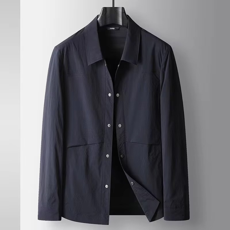 Navy blue wrinkle-resistant men's business casual jacket with tailored fit for office and travel