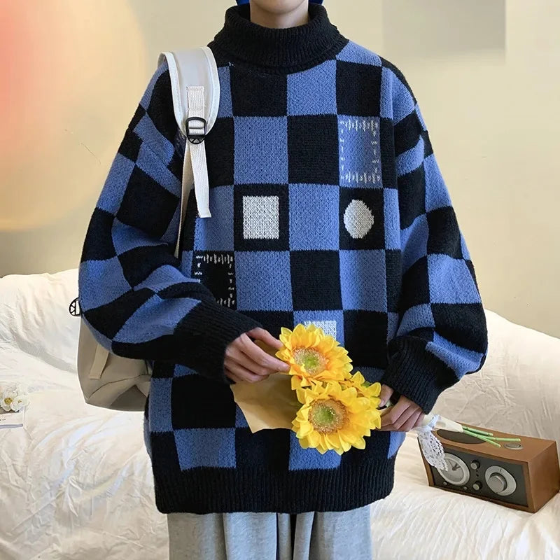 Unisex checkered turtleneck knit sweater with geometric pattern, tailored fit, warm soft knit