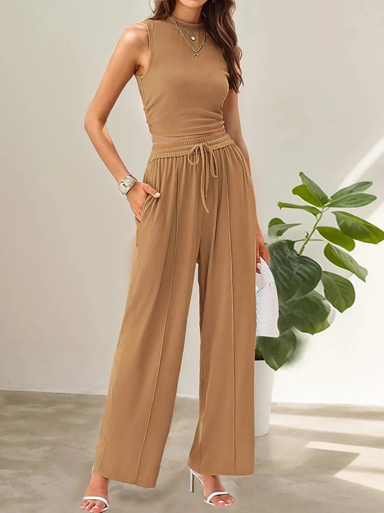 Women's lightweight two-piece pants set sleeveless top relaxed trousers breathable polyester summer travel