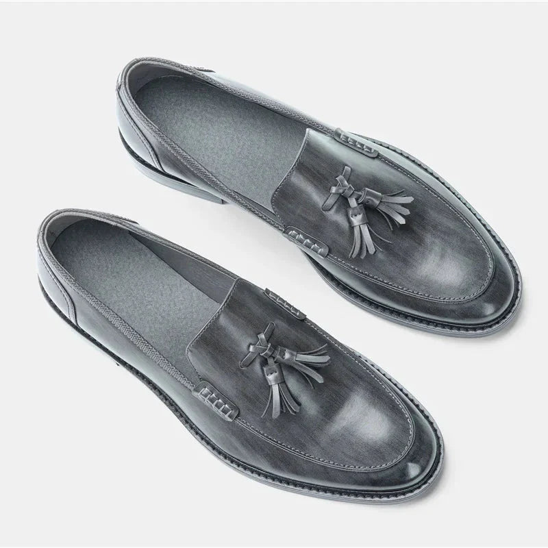 Men's gray vegan leather double tassel slip-on loafers with polished finish for dress or casual wear