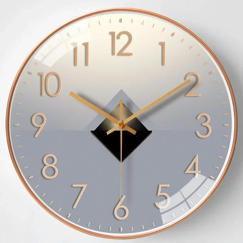 Golden-tone minimalist wall clock, 30cm glass face with warm gradient finish and silent metal frame