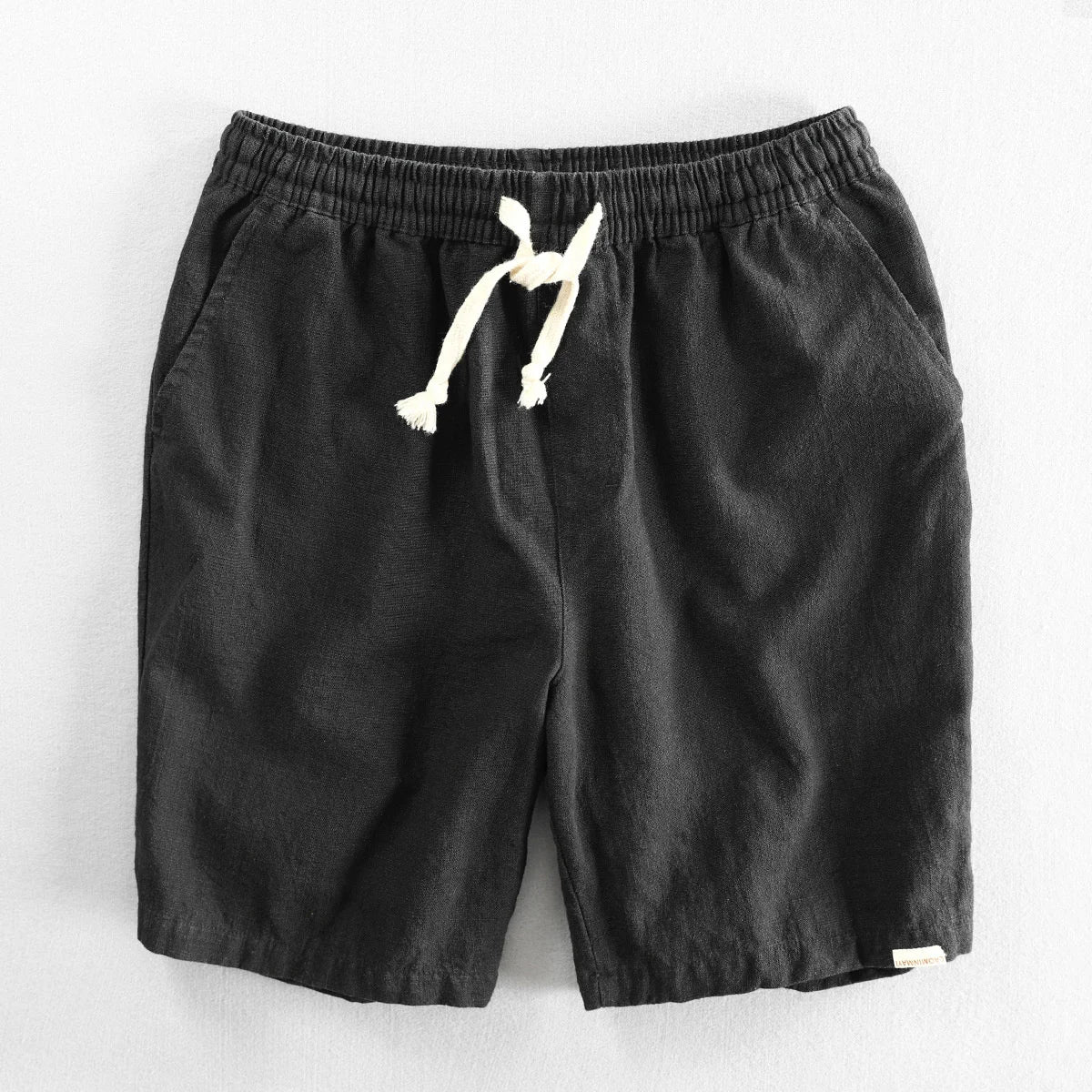 Men's beige cotton linen shorts relaxed tailored fit with adjustable drawstring waist
