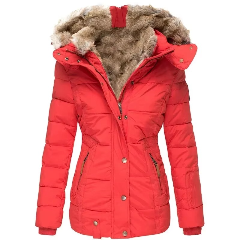 Women's slim fit hooded cotton coat with wool collar, chic everyday outerwear for a flattering silhouette