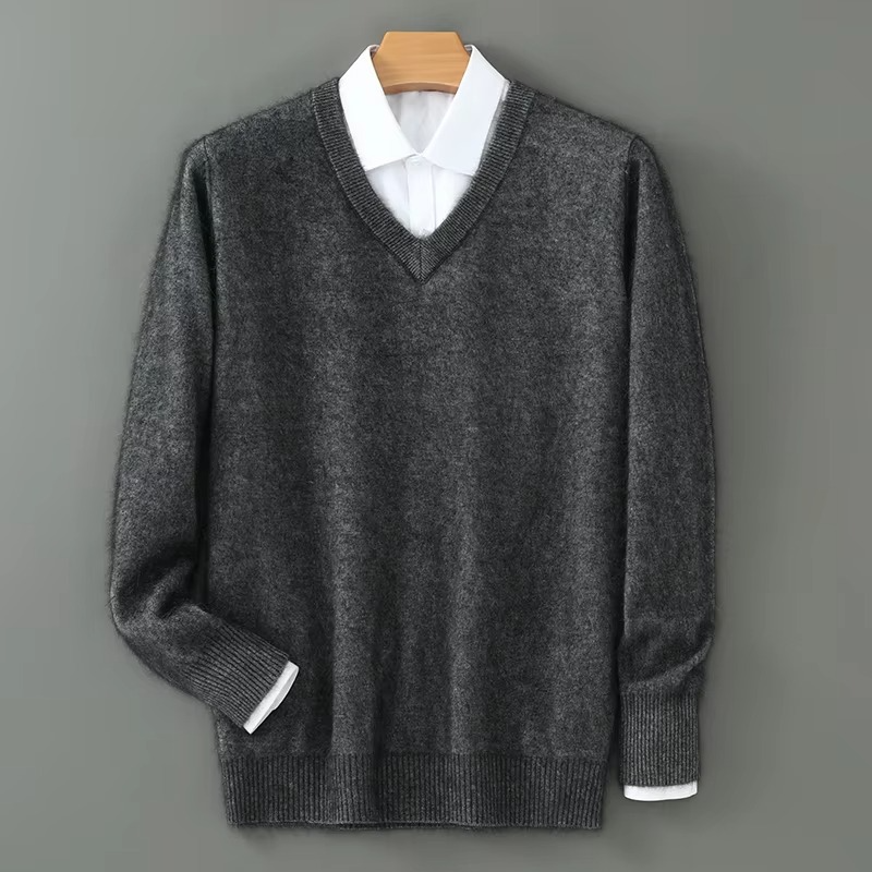Men's gray cashmere blend V-neck sweater, relaxed plus-size fit with lightweight warmth