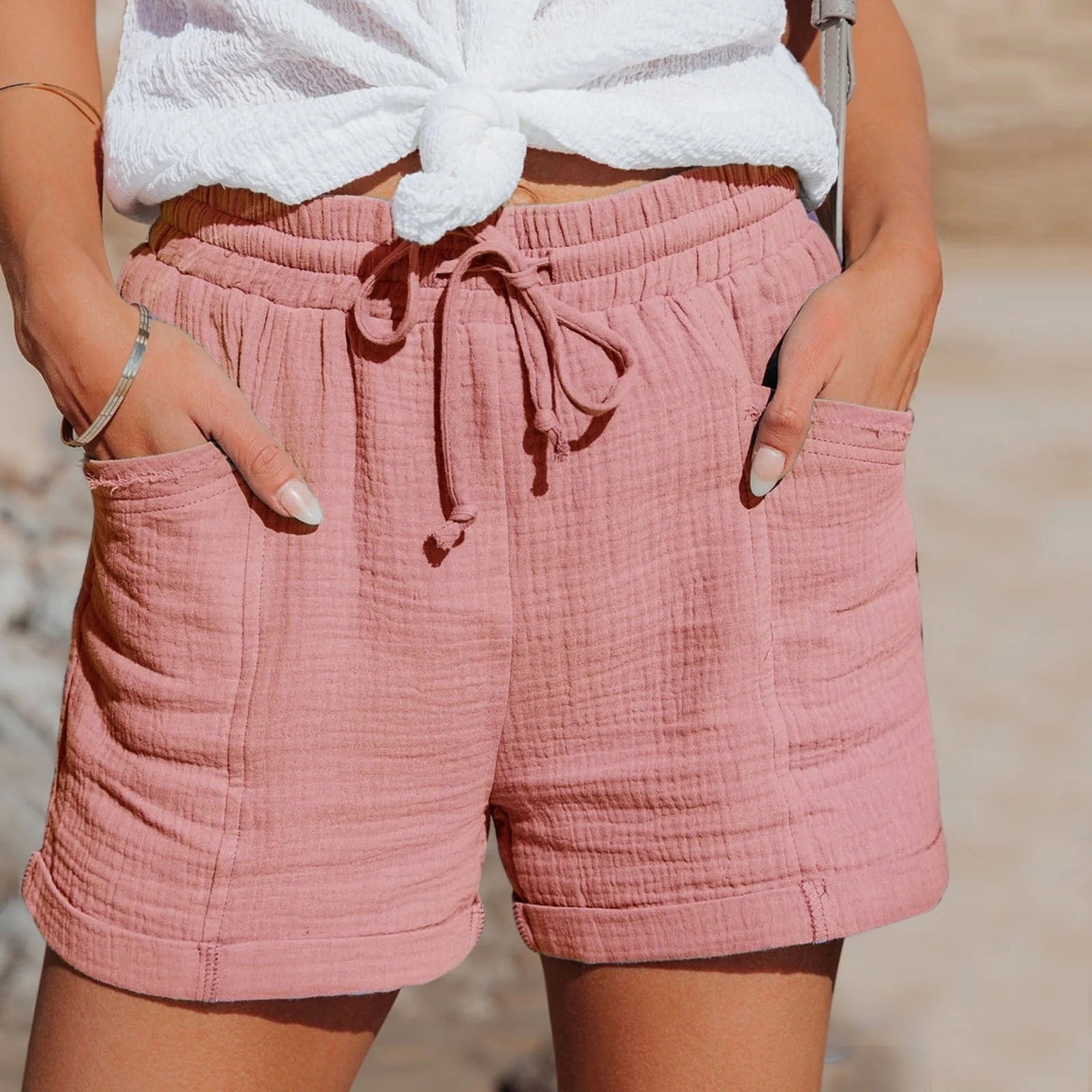 Women's relaxed fit casual shorts in textured cotton with elastic drawstring waist for everyday comfort