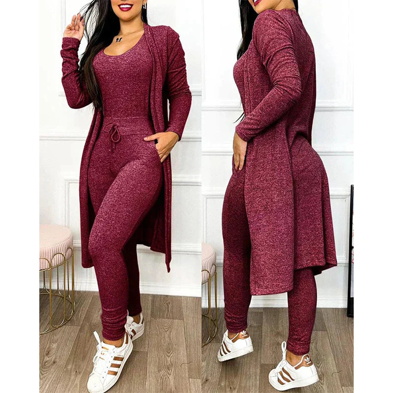 Women's two-piece jumpsuit set with matching jacket, sleeveless slim-fit legging style in chic spring look