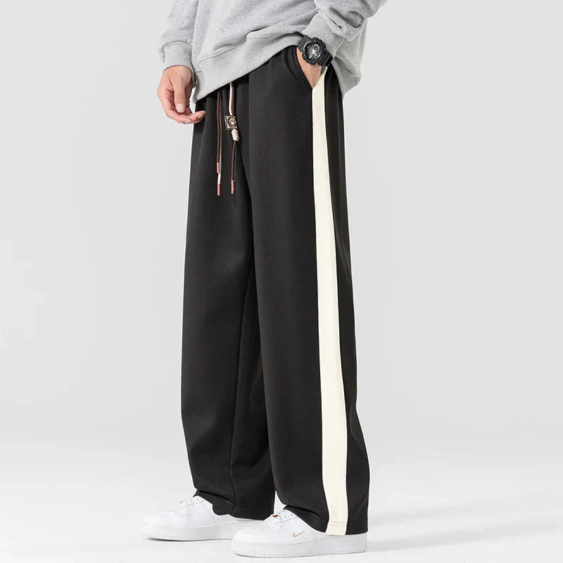 Gray relaxed straight-leg sweatpants with minimal stripe detail, midweight cotton blend for gym and lounge