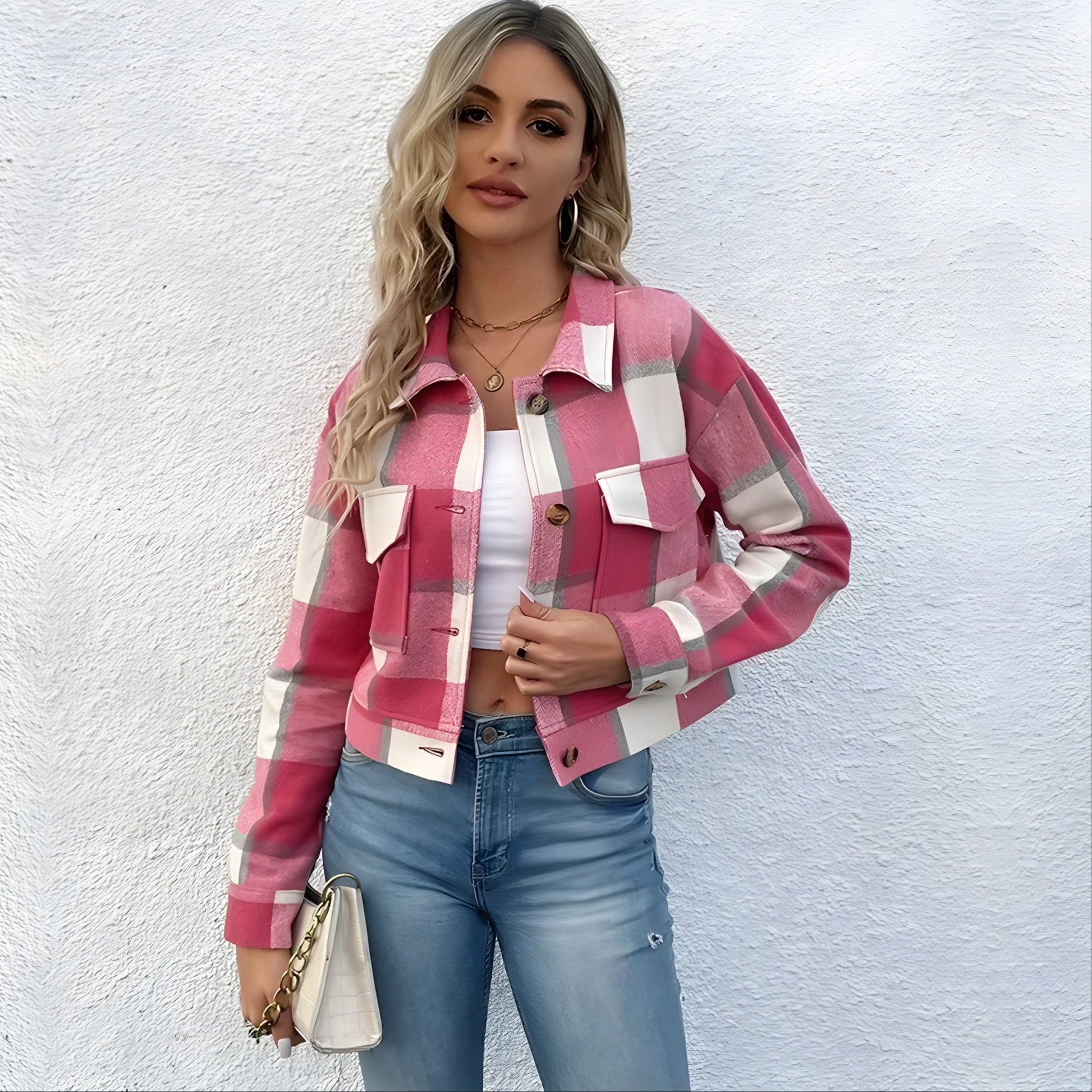 Women's cropped plaid-wash jacket with faux horn buttons, patch pockets, and soft shoulder collar