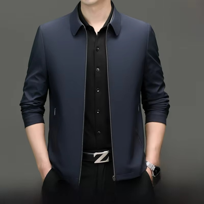 Men's silk blend loose fit jacket with straight hemline in versatile polished style for effortless wear