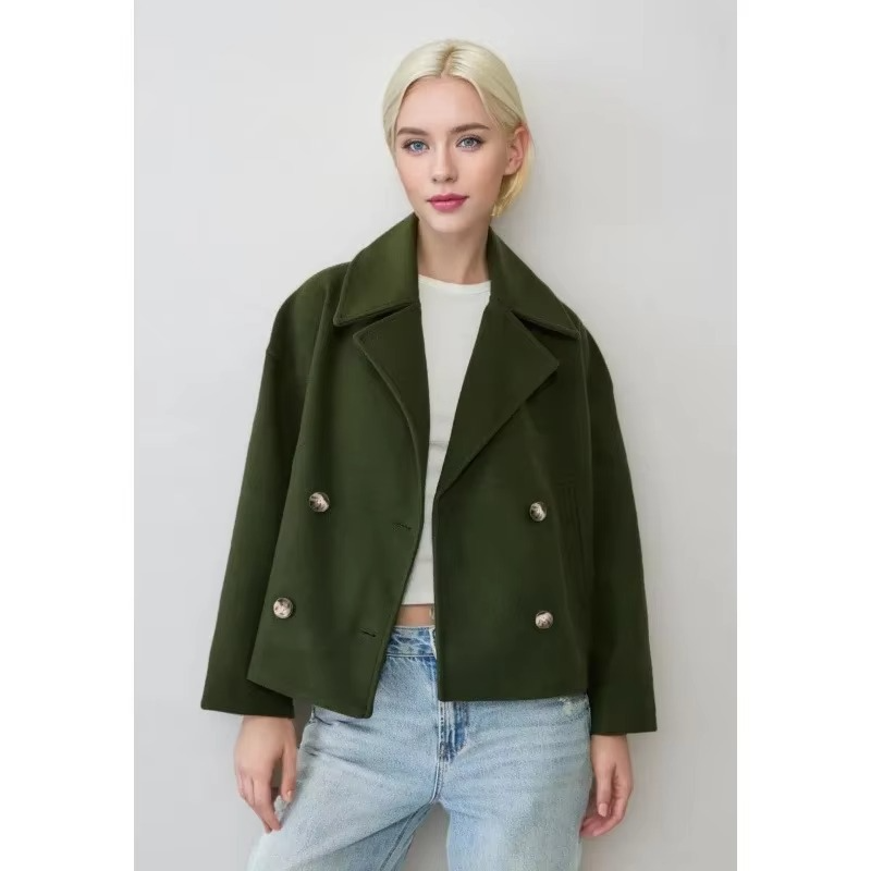 Women's short wool blend coat double button front turn-down collar chic autumn outerwear