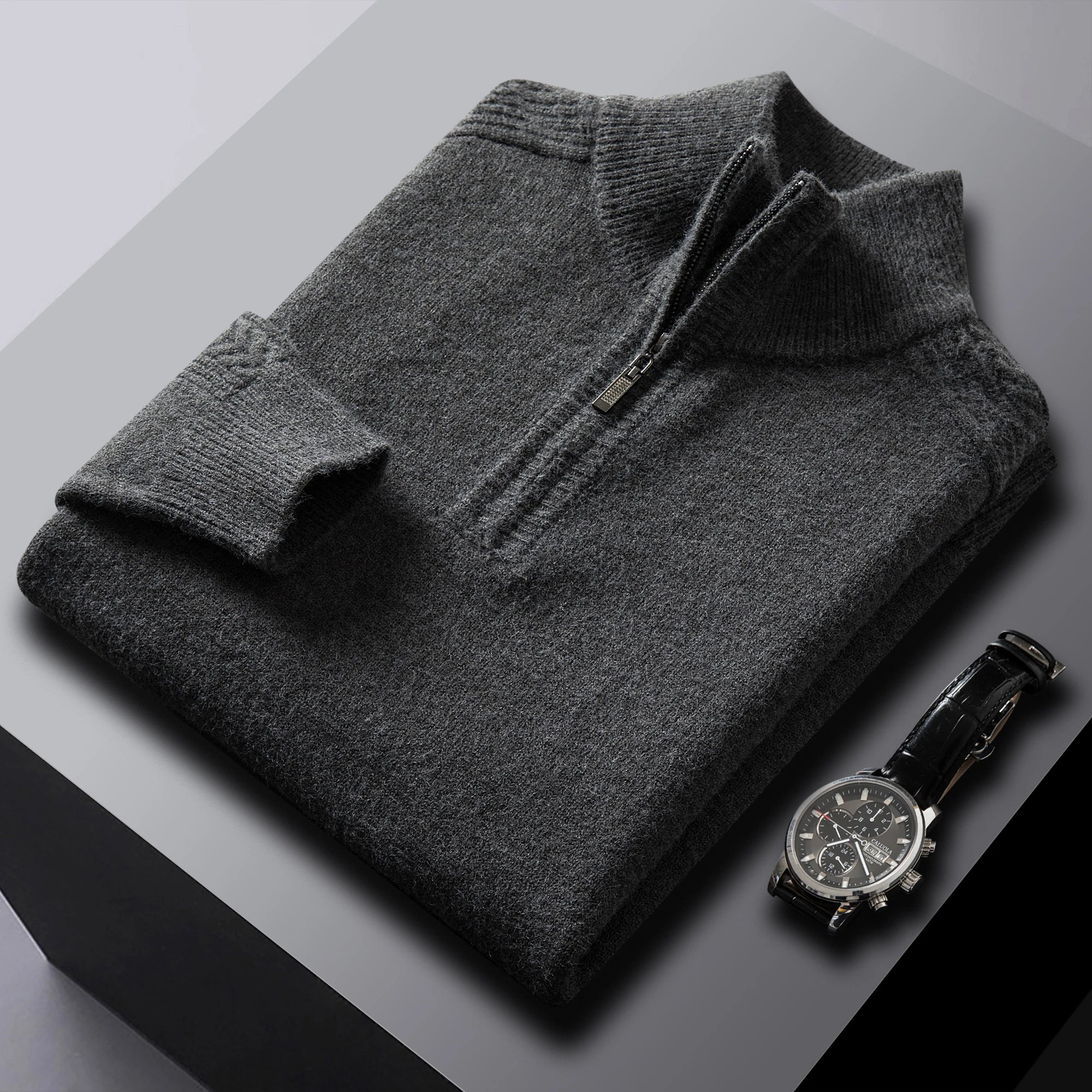 Men's cream cable knit quarter-zip wool sweater with textured multi-dimensional pattern