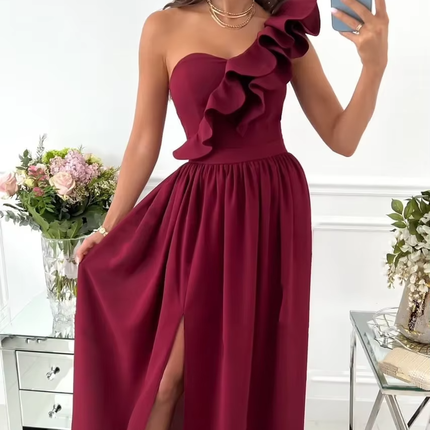 Women's one shoulder maxi dress with ruffle edge, side slit, asymmetrical neckline, event-ready style