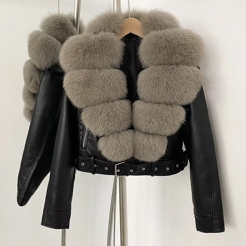 Women's black faux leather coat with fluffy faux fur collar, lightweight chic winter style