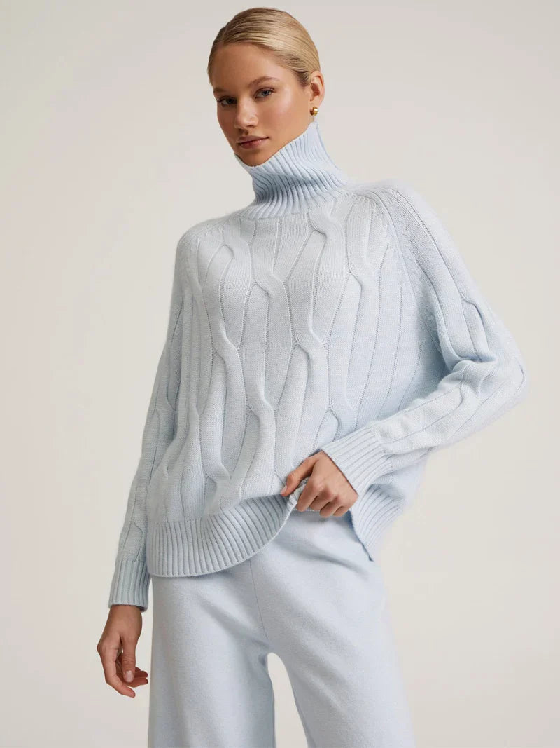 Women's cashmere turtleneck knit set relaxed draped fit plush cable-knit cozy luxury loungewear
