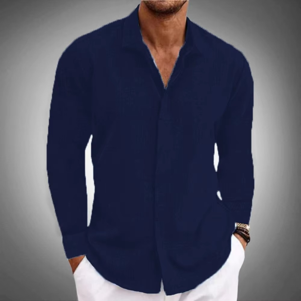 Men's linen long sleeve button-down shirt with lapel collar, breathable casual solid color fit