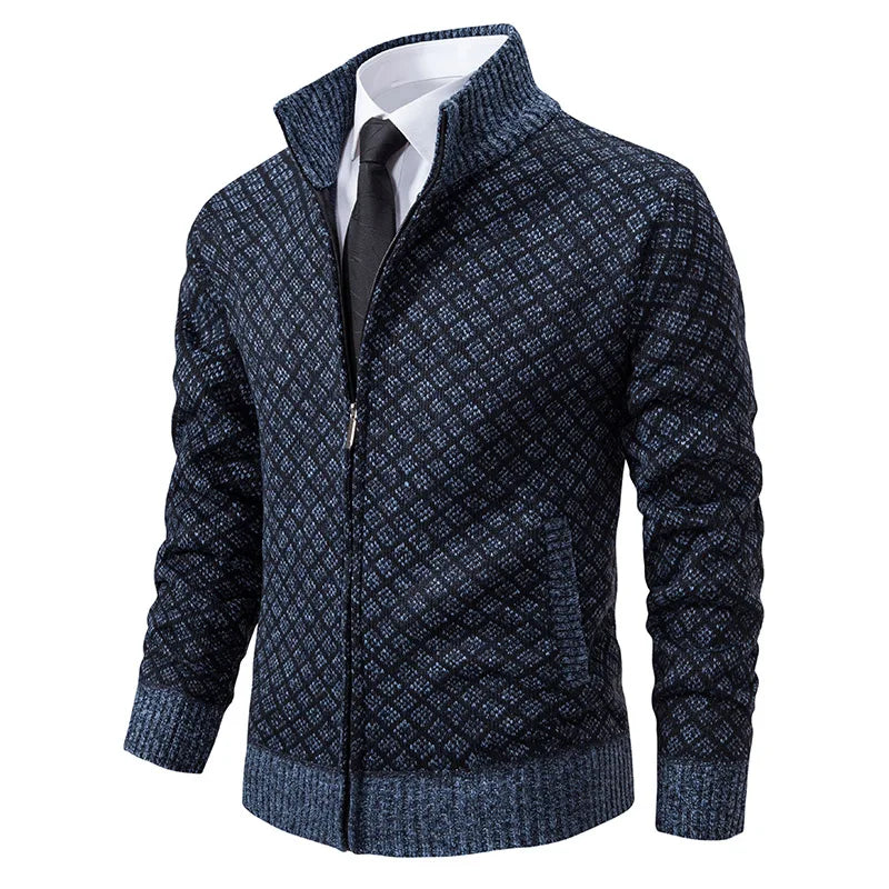 Men's navy blue tailored cardigan jacket with full-zip closure and premium textured knit fabric