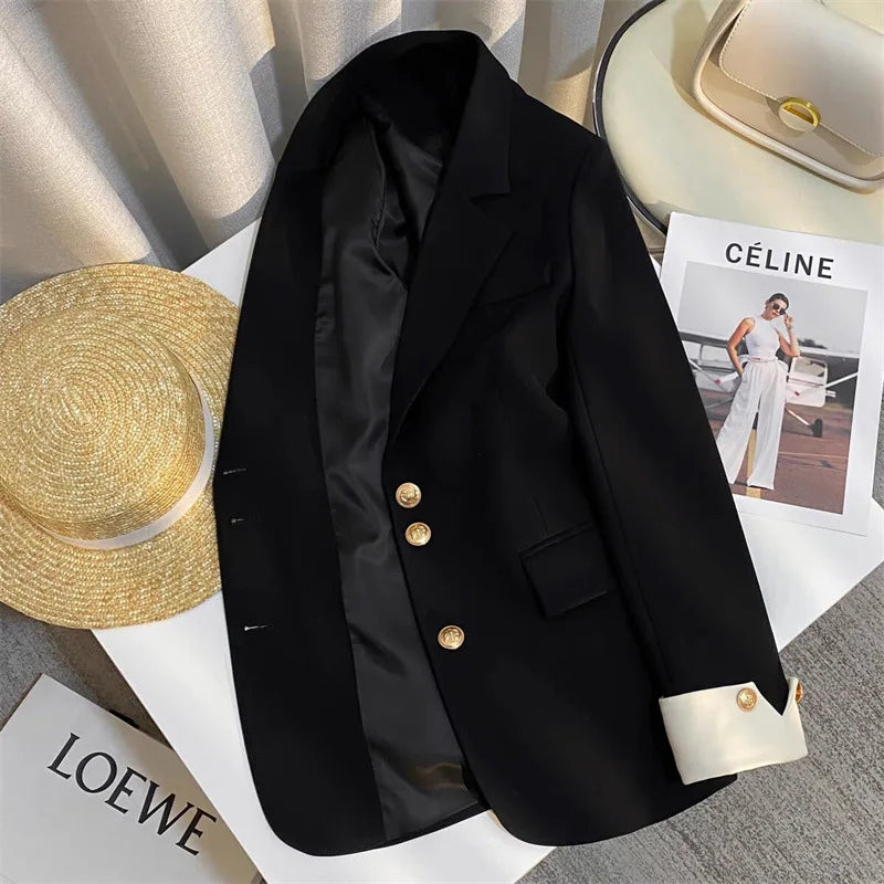 Women's hip-length single-breasted cotton blazer with gold-tone buttons, tailored Isla style