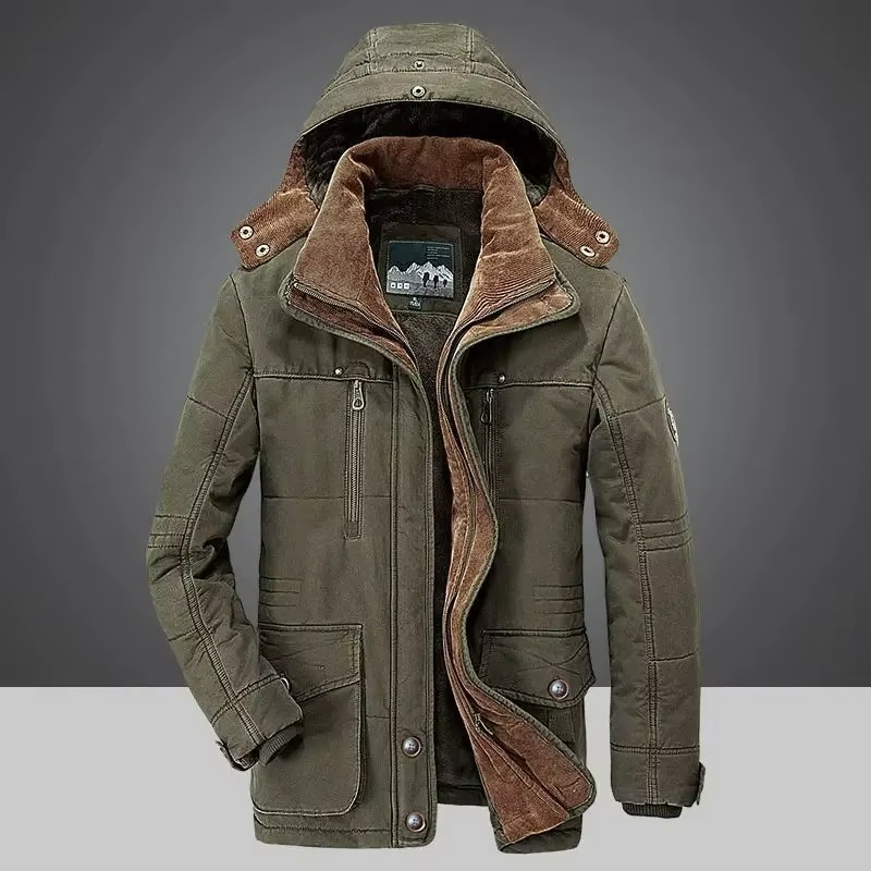 Men's winter parka jacket with thick fleece lining, wind-blocking shell, rugged cold-weather fit