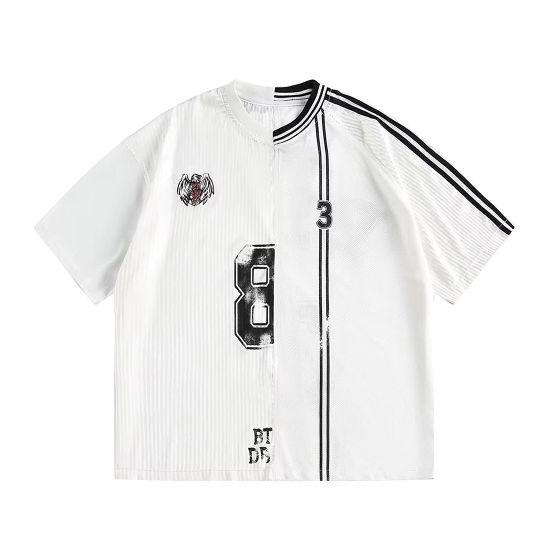 Graphic cotton jersey with contrast panels, embroidery, O-neck, regular fit streetwear style