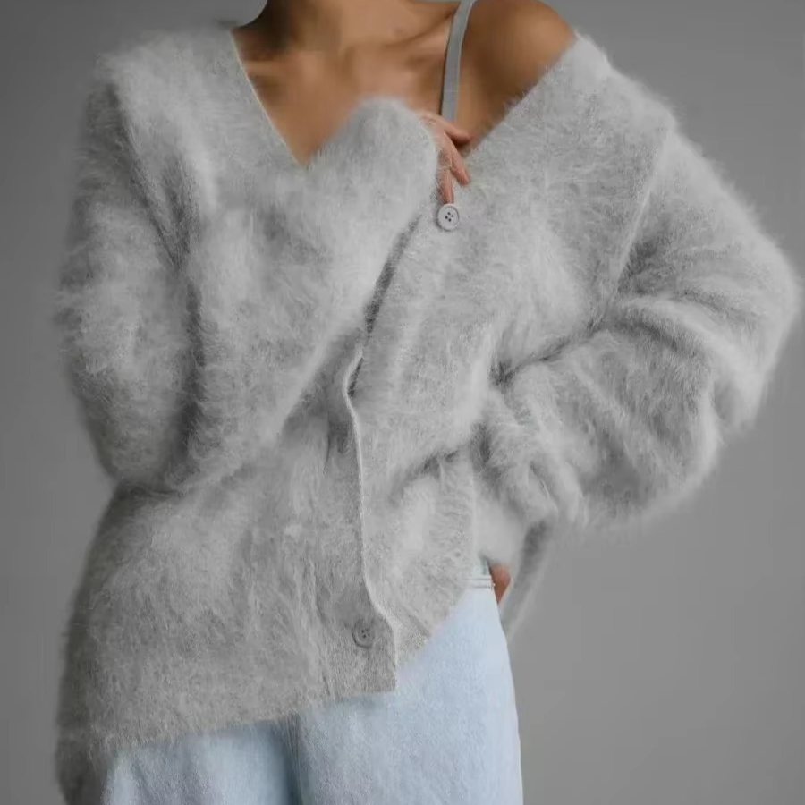 Women's oversized knit cardigan v-neck button-down sweater coat soft plush cozy everyday layer
