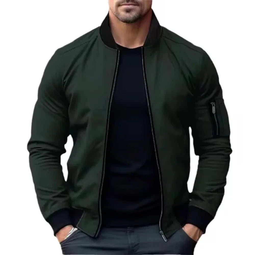 Men's black bomber jacket windproof zipper slim tapered fit modern streamlined silhouette