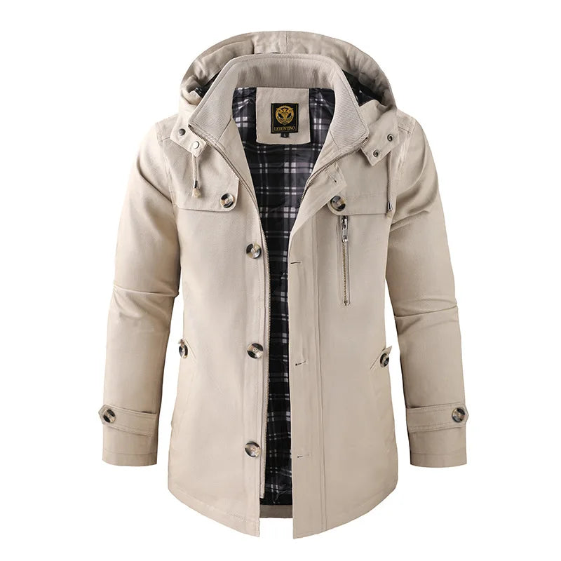Men's casual hooded jacket regular fit with plaid lining and button pockets everyday wear