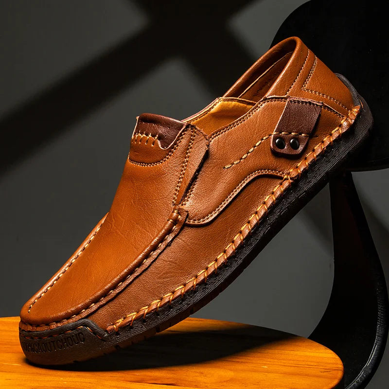 TrendAura men's brown handcrafted leather loafers slip-on style with cushioned insole for all-day comfort