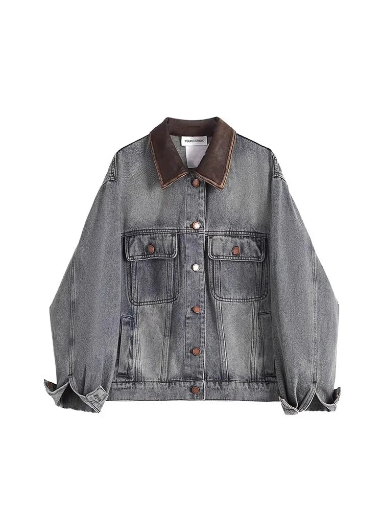 Women's oversized gray wash denim trucker jacket with coffee corduroy collar, chic everyday style