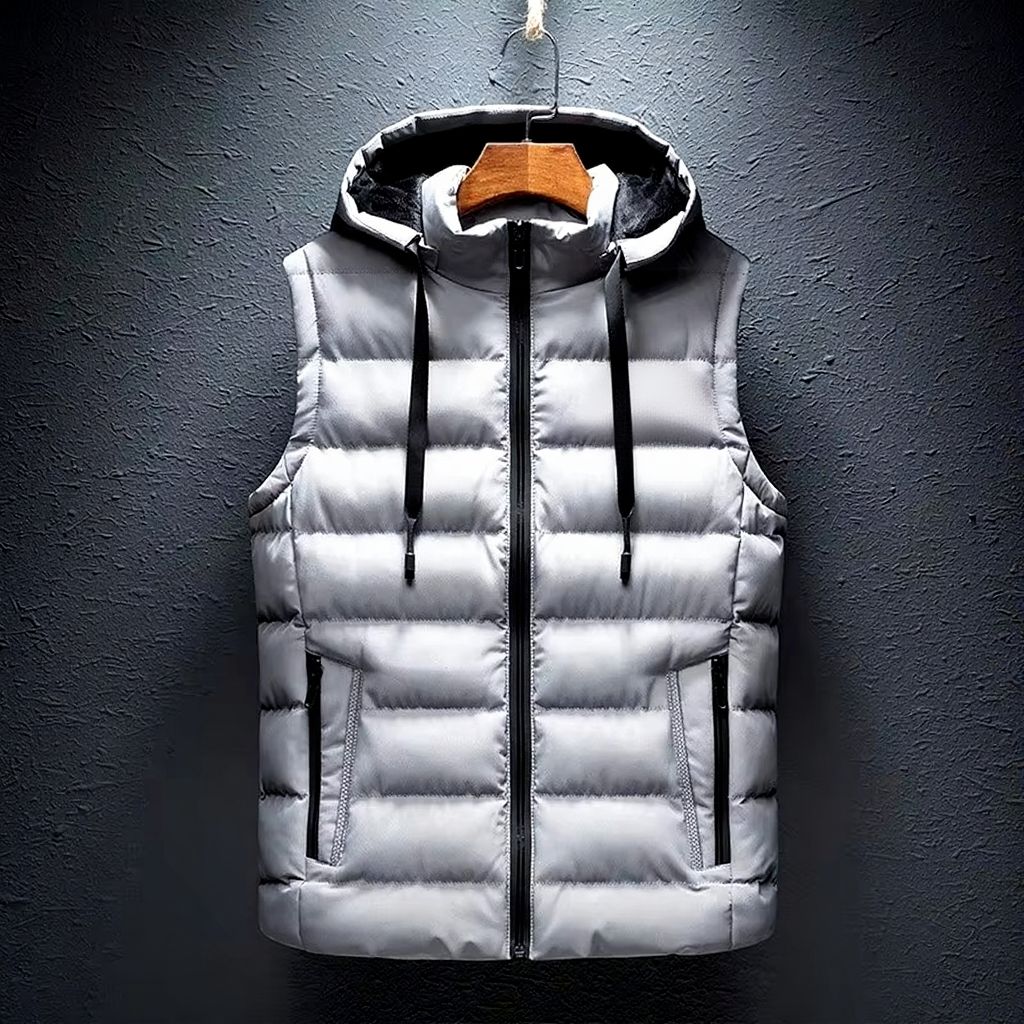 Men's plus-size hooded sleeveless padded vest lightweight cotton blend relaxed fit urban layering style