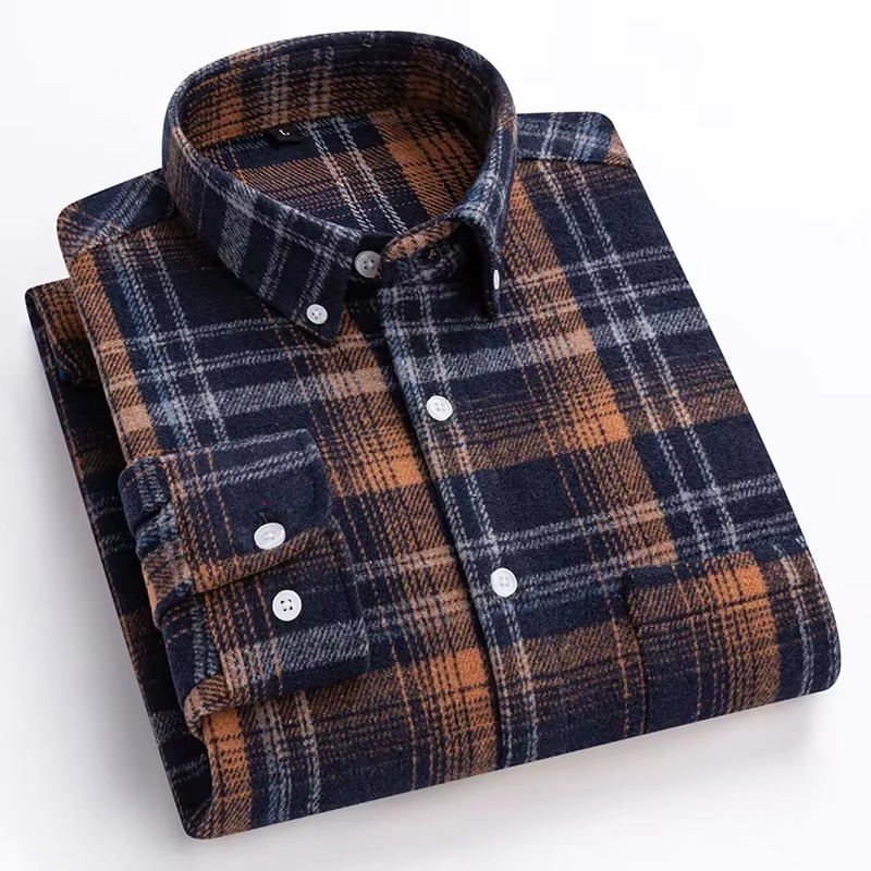 Men's plus size plaid long sleeve shirt in 7XL with chest pocket, 100% cotton soft-sanded comfort fit