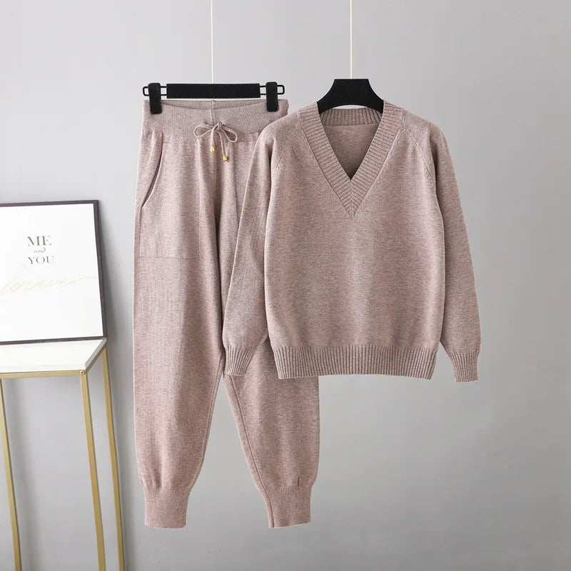 Women's beige two-piece casual set with coordinated top and pants, luxurious relaxed fit everyday outfit