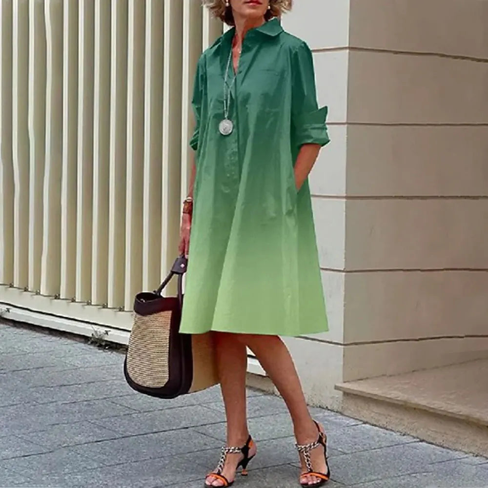 Women's ivory A-line shirt dress, button-front knee-length silhouette with long sleeves