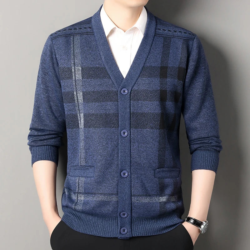 Men's classic check knit cardigan tailored fit soft texture refined office layering essential