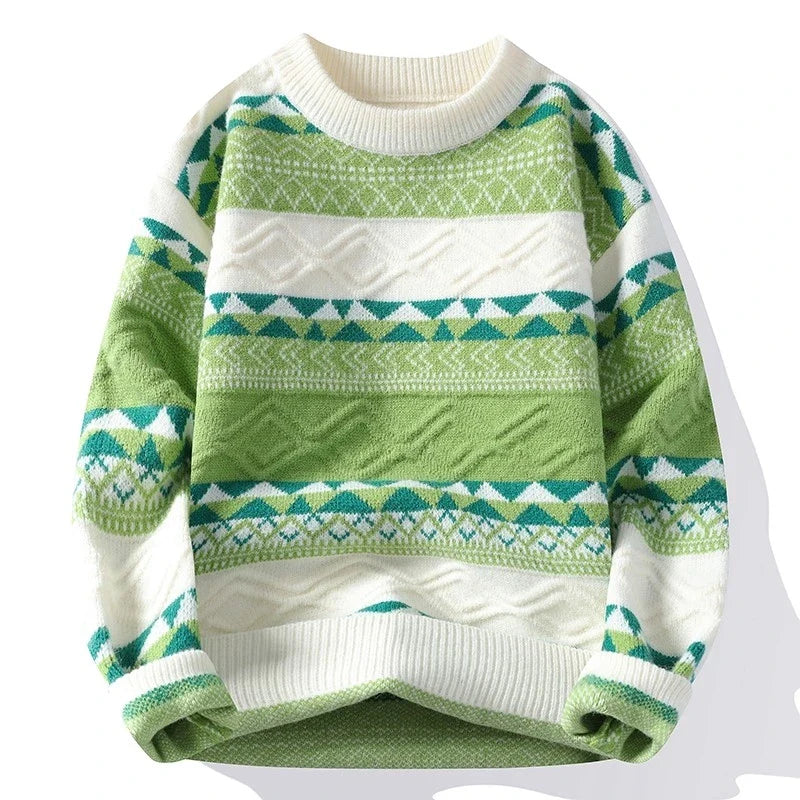 Women's geometric knit pullover sweater in retro stripe pattern, cozy vintage-inspired everyday fit