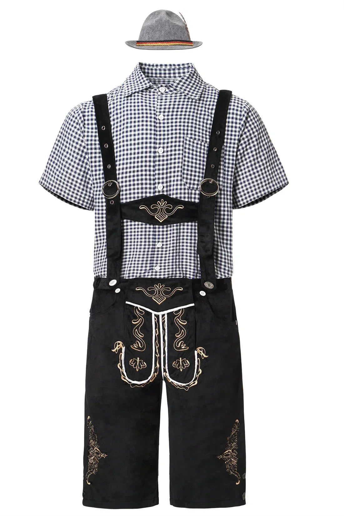 Men brown faux suede knee-length Lederhosen with adjustable suspenders traditional Bavarian Oktoberfest fit