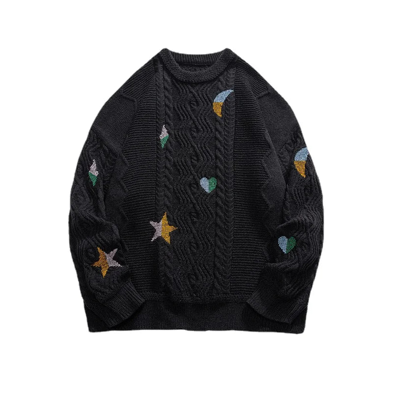 Men's heavyweight knit crew neck relaxed fit sweater with astral projection embroidery detail
