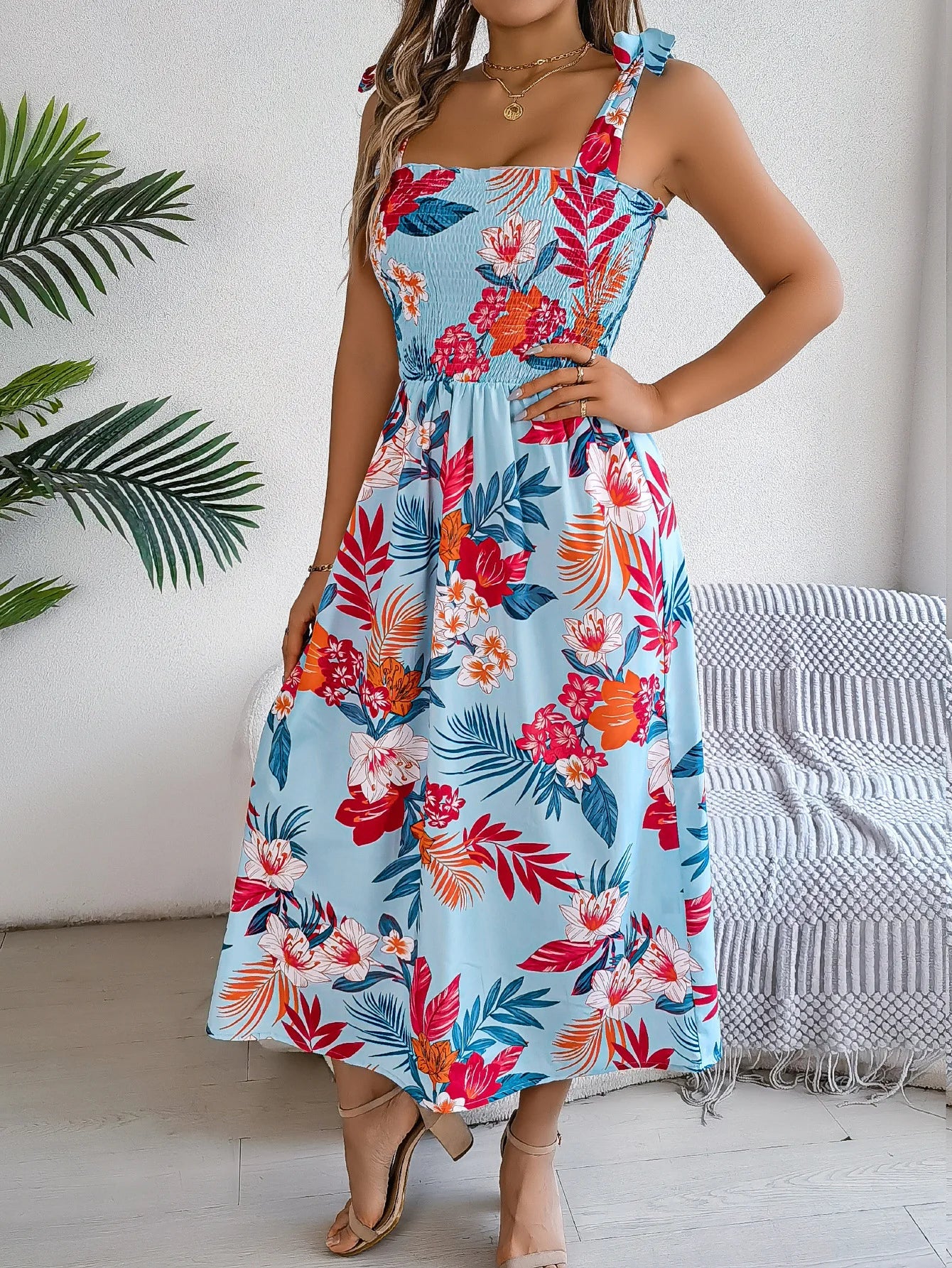 Women's floral midi sundress tropical print slip-on style with adjustable bow-tie straps