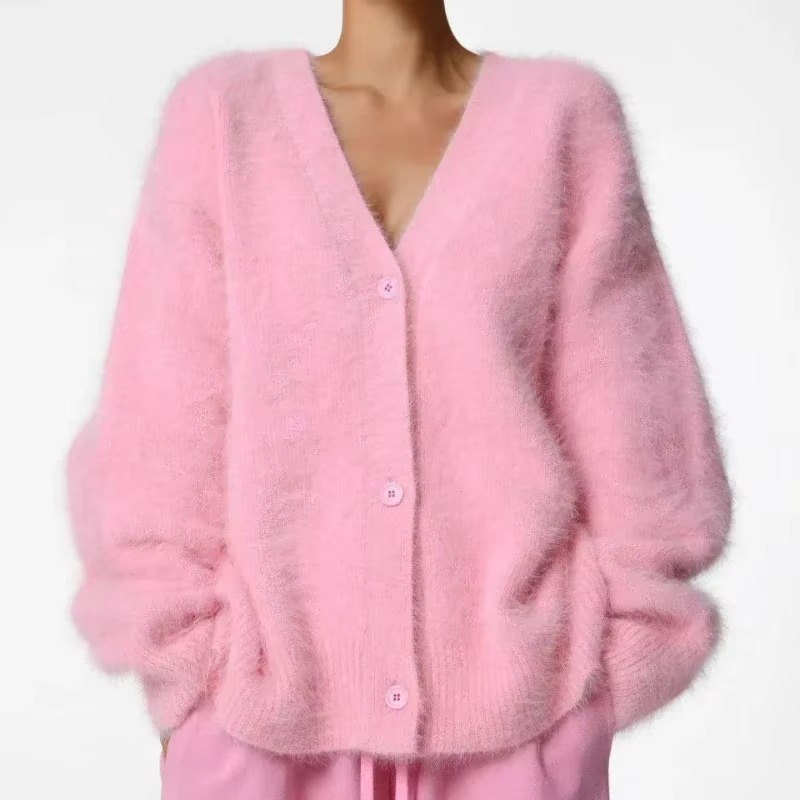 Women's oversized knit cardigan, V-neck button-down sweater coat, plush cozy everyday layer
