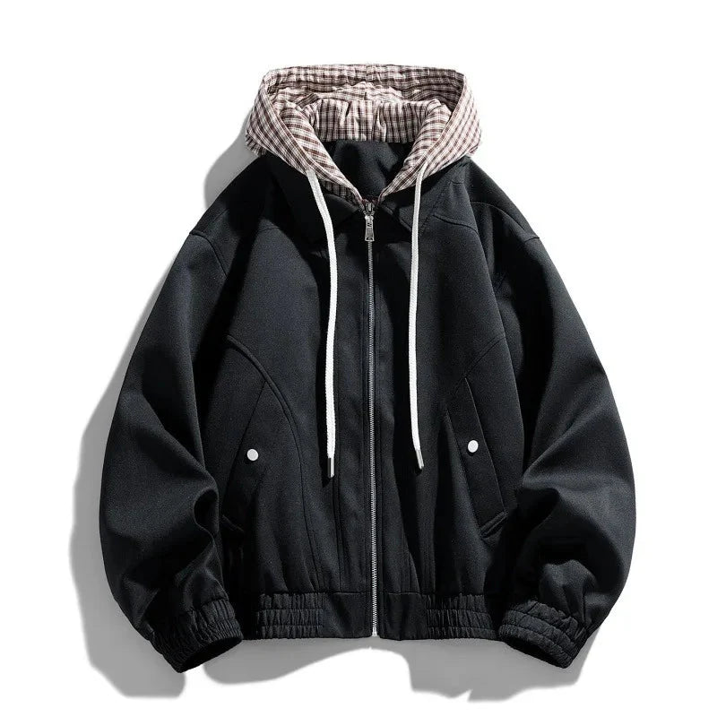 Men's oversized hooded bomber jacket casual outerwear with collared hood for relaxed everyday style