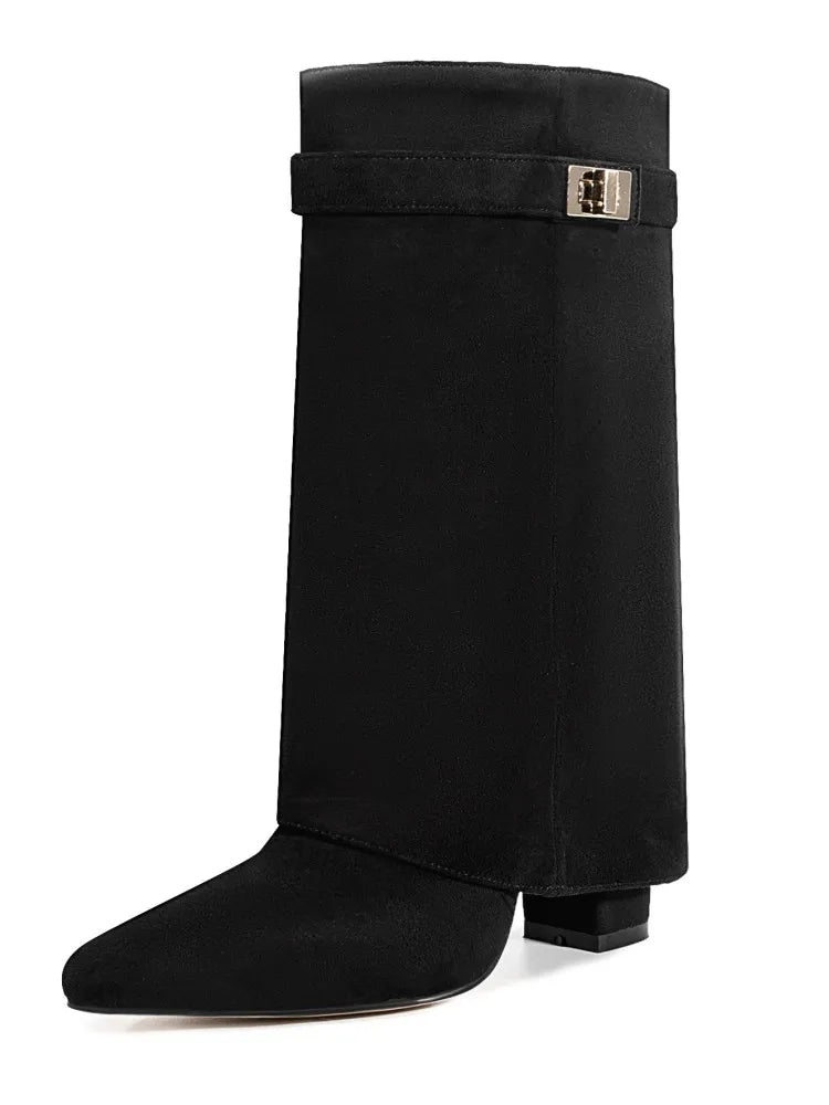 Mia women's black leather thigh-high boots with polished side buckle for sculpted silhouette