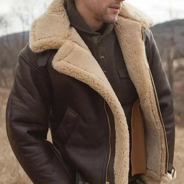 Men's black faux leather winter coat slim fit with warm lining and zippered pockets