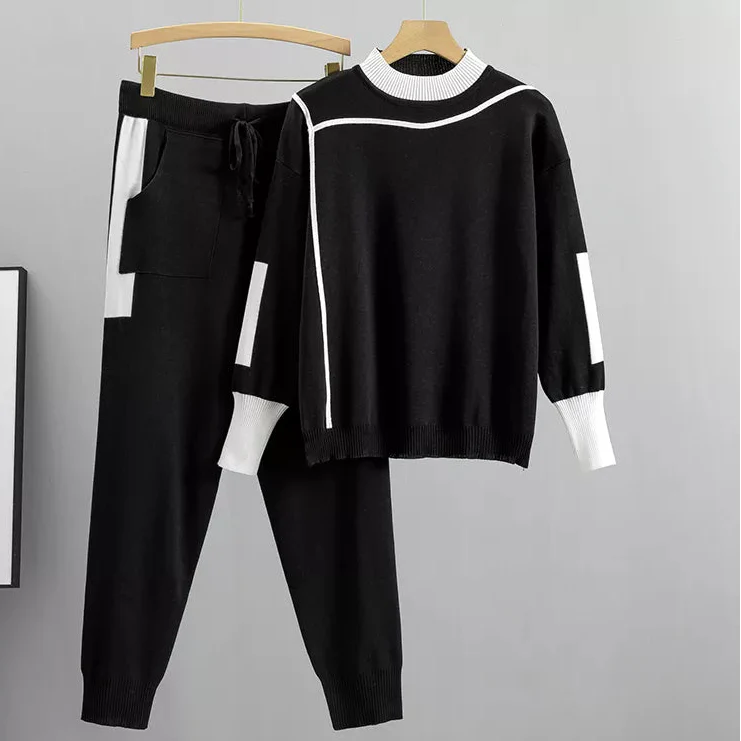 Women's casual lounge sweater pants set relaxed fit two-piece with contrast detail knit jogger