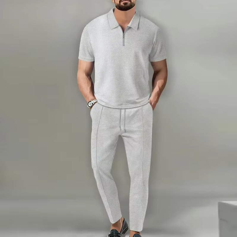 Men's gray waffle 2-piece polo zip collar shirt and drawstring pants coordinated set