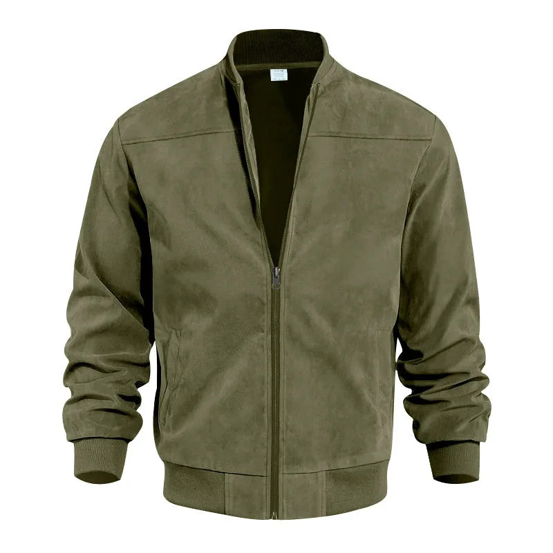 Men's brown suede bomber jacket with ribbed detailing, modern silhouette for elevated everyday style