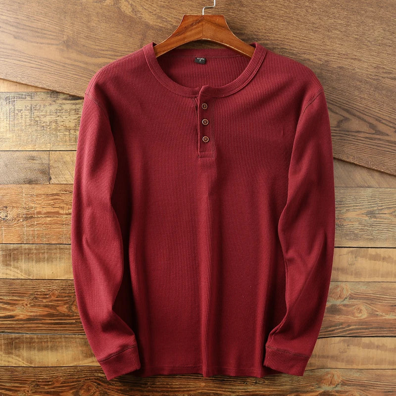 Men's ribbed relaxed fit Henley shirt, casual textured rib-knit with classic button neckline