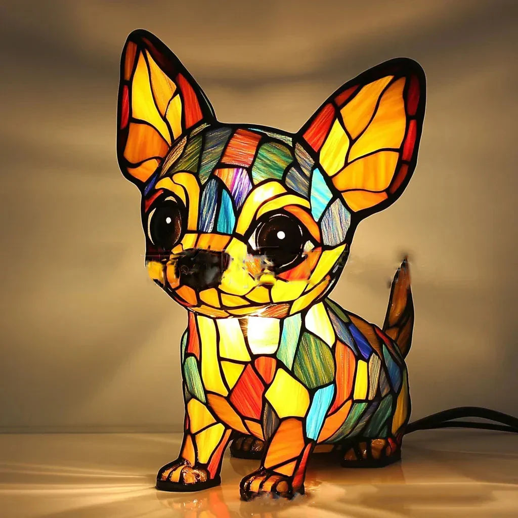 Art Nouveau stained glass cat dog lamp handcrafted multicolor warm glow vintage-inspired accent light